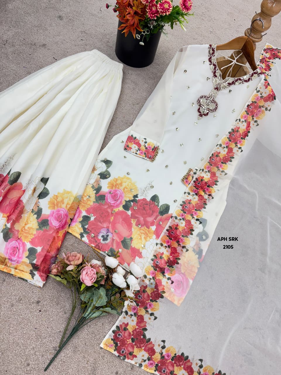 Floral Printed Regular Thread Work Kurta with Sharara & With Dupatta